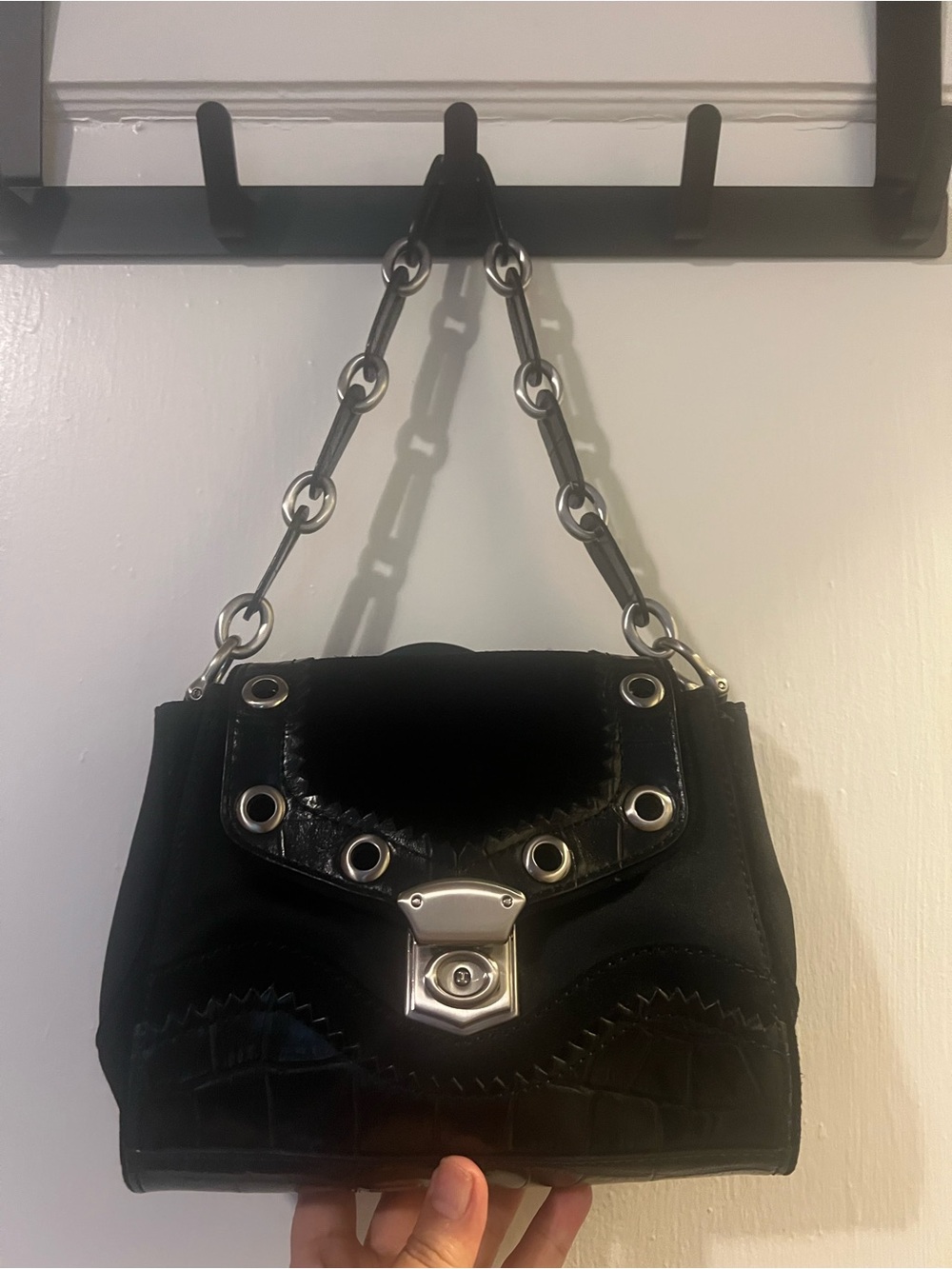 Rare Vintage Maxximum Black Leather Handbag with Chain Strap #gothcore #goth